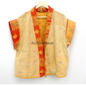 Chaqueta de Algodón Orgánico para Mujer, Estilo Kimono Largo Acolchado Kantha Vintage, Otoño/Invierno, con Cinturón, Manga Corta, Reversible, Multicolor - Product Image 5