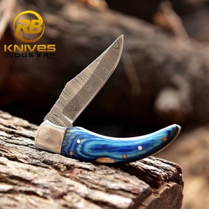 Navaja de bolsillo plegable de acero de Damasco hecha a mano con mango de madera |   Cuchilla de 7 Pulgadas con Punta Caída, Opción OEM, para Caza, Camping y Supervivencia - Product Image 1