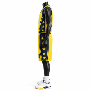 Ensemble de maillots de basket-ball respirants sublimés personnalisés, unisexe, short jaune bleu marine, col en V, uniforme sportif, motif étoiles, numéro 10 - Product Image 4