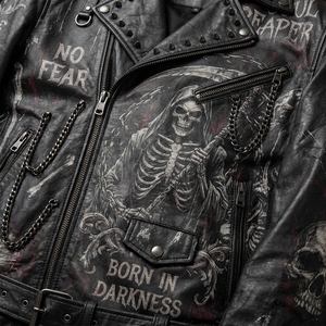 <b>Mens</b> Grim <b>Reaper</b> Skull Graphic Distressed Leather Jacket Heavy Metal Punk Spiked Chains Biker Coat Custom Wholesale - Product Image 6