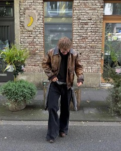 Vintage Distressed <b>Leather</b> Bomber <b>Jacket</b> Retro <b>Brown</b> Aviator Coat 90s Grunge Oversized Flight <b>Jacket</b> <b>Mens</b> Y2k Fashion Streetwear - Product Image 3