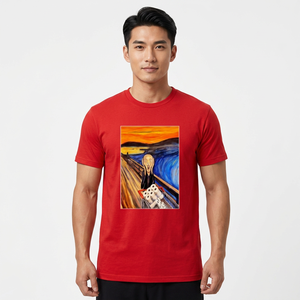 T-shirt rouge à manches courtes pour homme avec imprimé artistique, col rond décontracté, jersey en coton, coupe classique - Product Image 2