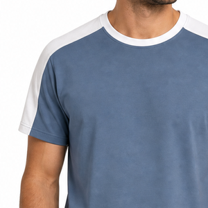 T-shirt classique pour homme à manches raglan avec logo personnalisé, panneau contrastant sur l'épaule, bleu acier et blanc uni - Product Image 3