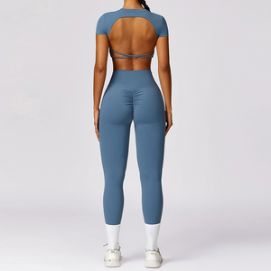 Women High Waisted Yoga Set Seamless Scrunch Butt Leggings With <b>Open</b> Back Short Sleeve Crop Top Fitness Gym Workout Sportswear - Product Image 6