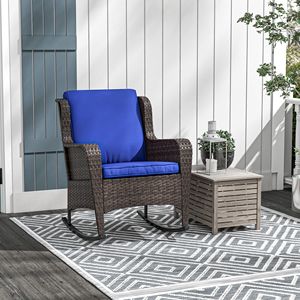 Sedia a dondolo da esterno in vimini blu scuro con telaio in acciaio, alta capacità di carico, cuscino in poliestere per patio e giardino - Product Image 2