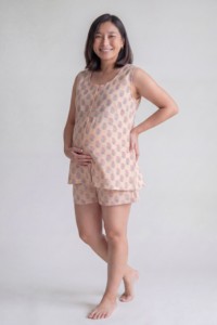 Ensemble deux pièces de vêtements de grossesse décontractés pour femme, haut et short en coton imprimé au bloc, coupe ample, prix d'usine - Product Image 2