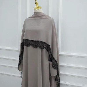 Ensemble Abaya 2 pièces Loriya en polyester noir uni avec broderie perlée, style Dubaï, dentelle, hijab assorti, Nida, tenue modeste musulmane - Product Image 6