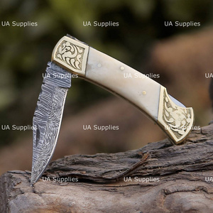 Custom Handmade Hunting Damascus Steel Straight Back Lock Folding <b>Knife</b> Leather Sheath Camel <b>Bone</b> <b>Handle</b> Brass Engraved Accents - Product Image 4