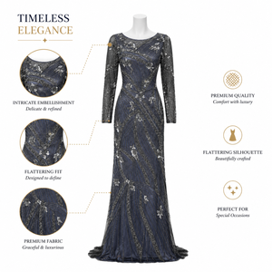 Luxury Navy <b>Blue</b> <b>Beaded</b> Evening Gown for Women | Elegant Long Sleeve Mermaid Formal Dress Floral Sequin Embellished Party Wear - Product Image 5