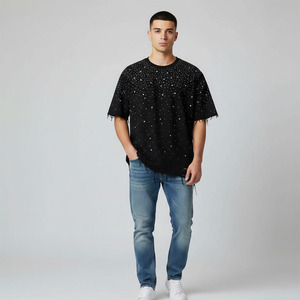 Camiseta de Cuello Redondo para Hombre, 100% Algodón, Gruesa, con Diseño Personalizado, Estampado Gráfico DTG, Lavado Ácido Vintage, con Pedrería - Product Image 3