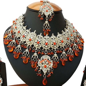 <b>Silver</b> Plated Crystal <b>Necklace</b> Set With Orange Rhinestones Women's Ethnic Wedding Jewelry Tassel Design - Product Image 2