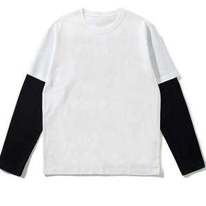 Camiseta de punto negra extragrande para hombre con ribete en contraste, manga larga, cuello redondo, diseño de bloques de color sólido, estilo casual - Product Image 4
