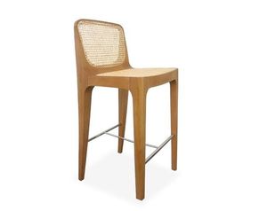 Sculpted Solid Teak Wood <b>Bar</b> <b>Stool</b> featuring Signature Cane Inlay High-<b>Back</b> Counter Seating with Seamless Joinery - Product Image 2