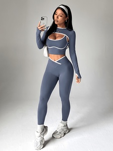 Women 3 Piece Seamless Activewear Set High Waist Tummy Control Leggings Bra <b>Long</b> Sleeve Top - Product Image 3