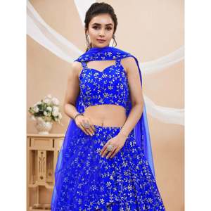 Plus Size Blue <b>Sequins</b> Georgette Wedding Lehenga Choli - Product Image 3