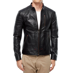 Blouson de moto en cuir noir vintage pour homme, style hip-hop, avec col montant et design en toile vieillie de qualité supérieure - Product Image 1