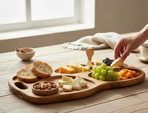 ถาดไม้สำหรับของว่าง - ถาดแบ่งช่องใส่ของว่างลายแบบนามธรรมพร้อมหูจับ ถาดเสิร์ฟไม้แอชสำหรับงานจัดเลี้ยงและงานปาร์ตี้ - Product Image 2