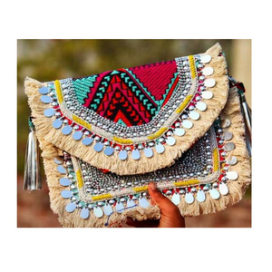 Pochette de soirée en jute pour femme, style enveloppe, ornée de perles indiennes artisanales, pour mariage, vente en gros, Guru Kirpa Export - Product Image 3