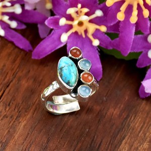925 Sterling <b>Silver</b> Turquoise Carnelian <b>Stacking</b> <b>Ring</b> Handmade Boho Statement Gemstone Artisan Southwestern Fine Jewelry - Product Image 5