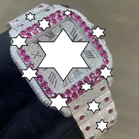 Montre carrée de luxe en acier inoxydable, sertie de moissanite rose et de cristal saphir, mouvement à quartz analogique, fermoir déployant