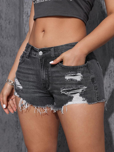 Shorts de mezclilla rectos de cintura alta a la moda con adornos de pedrería, diseño desgastado y rasgado, estilo urbano ecológico. - Product Image 6