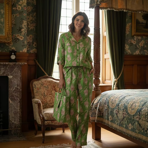 Ensemble de pyjama élégant pour femmes, à manches longues, à rayures verticales florales, en coton imprimé fait main, pour l'été et le printemps - Product Image 1
