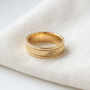 Bague de mariage en or 18 carats, style vintage, avec bande rainurée et bord perlé, bijoux de mariage pour homme et femme - Product Image 4