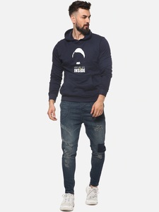 Sudadera con Capucha Azul Marino para Hombre, Corte Regular, Informal, de Algodón Tejido, con Estampado Frontal y Bolsillo, para Otoño - Product Image 2