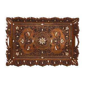 Plateau de service en bois avec incrustations en os, fait main, avec poignées, style marocain, plateau décoratif pour table basse, accessoires de décoration pour la maison et la cuisine - Product Image 5