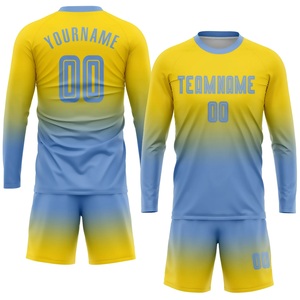 ชุดเสื้อฟุตบอลสั่งทำพิเศษ สีเหลืองไล่เฉดสีน้ำเงิน แขนยาว พิมพ์ลายแบบ Sublimation แห้งเร็ว ทรงสปอร์ต ยูนิเซ็กซ์ สำหรับผู้ใหญ่ ชุดทีม - Product Image 1
