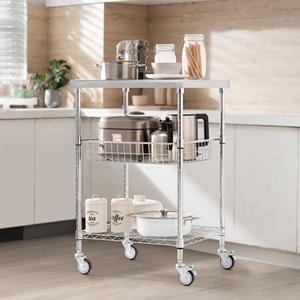 3-Tier Chrome <b>Wire</b> Shelving Utility Cart with Solid Stainless Steel Top Mobile Rolling Cart for Kitchen Office Warehouse - Product Image 1