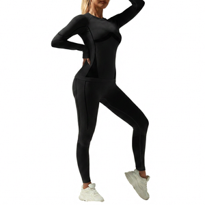 Yoga Set Women Full <b>Length</b> <b>Leggings</b> Long Sleeve High Waist Solid Color Contrast Binding Four-Way Stretch Fitness Wear - Product Image 2