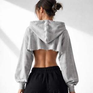 Women's Heather Grey <b>Layered</b> Cropped Pullover Hoodie Long Sleeve Drawstring Hooded Sweatshirt Casual Crop <b>Top</b> - Product Image 4