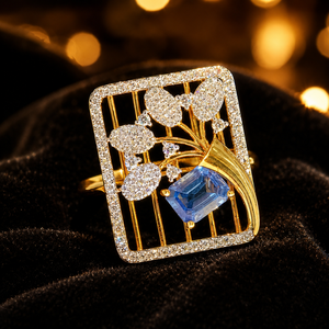 Luxury 14K <b>Gold</b> Square Floral <b>Ring</b> with Blue Stone Center and Sparkling CZ Border Jewelry for Women - Product Image 1