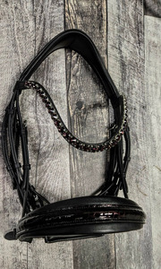 Brida de cuero negro para caballo, ceñidor de nariz de charol de cocodrilo marrón, frenteal de 10 mm con cristales Preciosa ondulados color sangría, anatómico - Product Image 4