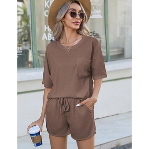Women Comfortable Waffle <b>Knit</b> Two Piece Outfit Casual Lounge Wear Shorts <b>Set</b> for Ladies - Product Image 4
