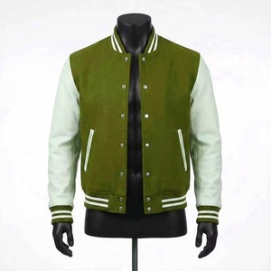 Veste varsity pour homme en vert olive avec manches blanches, coupe classique, vêtement décontracté d'automne, fermeture à boutons, couleur unie, matière PU - Product Image 1