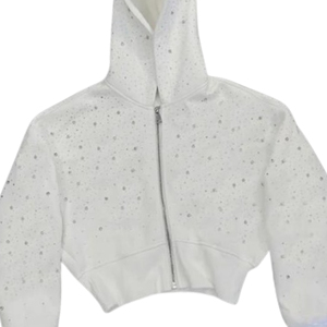 Cropped <b>White</b> Rhinestone <b>Zip</b> Hoodie Women Custom Logo Sparkle Streetwear Heavyweight Polyester/Cotton Fleece OEM Wholesale - Product Image 1