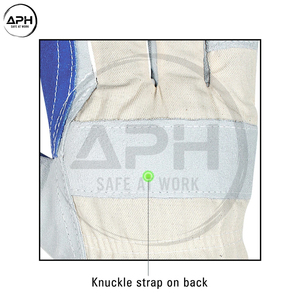Gants de travail sur mesure en gros, bleu roi et blanc, pour rigger, avec paumes renforcées à points croisés et poignets en toile renforcée pour le pouce - Product Image 5