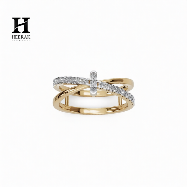 Luxury Two Tone Criss Cross X Ring 14K 18K Solid Yellow Gold Pave Lab Grown Diamond Multi Layer Ring Interlocking Crossover Band