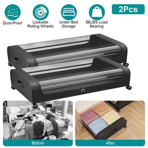 2Packs Clear Lid 360 Degrees Lockable <b>Under</b> <b>Bed</b> Storage Containers 42L/11Gal Rolling Clothing Organizer <b>Drawers</b> - Product Image 2