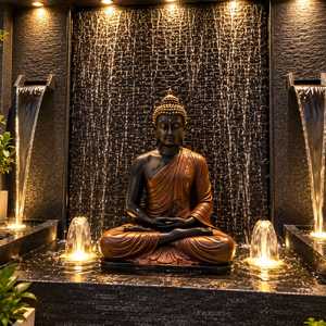 Fontaine d'eau murale extérieure en pierre Bouddha, grande statue de méditation lumineuse, finition polie, design élégant - Product Image 6