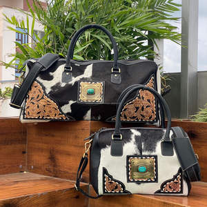 Nouveau Style 2 pièces Combo ensemble repoussé à la main en cuir de vachette femmes grand et petit sac de sport en cuir véritable grande capacité sac de voyage - Product Image 4