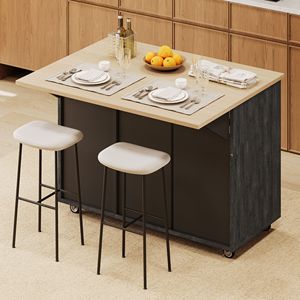 Isola da Cucina con Piano Ribaltabile da 130 cm, Design Geometrico a Righe Testurizzate, con Ruote in Stile Rustico e Spazio Interno - Product Image 4