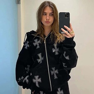 Sudadera Negra Extra Grande con Capucha y Cremallera, con Estampado de Cruz Brillante, Estilo Gótico Unisex, Prenda de Otoño, Tejida, Manga Regular - Product Image 3