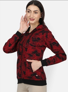 Sudadera con Capucha y Cremallera para Mujer, Estampado Floral Rojo, Corte Regular, Tejido de Poliéster, Estilo Otoñal - Product Image 4