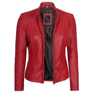Women's Red Quilted Biker Leather <b>Jacket</b> A Slim-Fit Cafe Racer Style <b>Jacket</b> Crafted from Genuine Lambskin Leather - Product Image 3