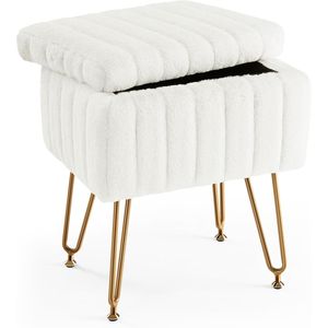 Sgabello da toeletta con contenitore, seduta imbottita in morbida pelliccia sintetica, 4 gambe in metallo, colore bianco - Product Image 1