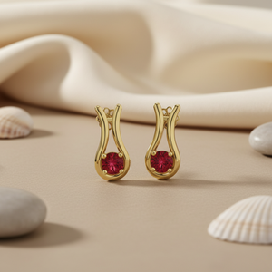 Fabricant de boucles d'oreilles en or 14 carats avec rubis incrustés de verre, design moderne en forme de J-Hoop, bijoux fins pour femmes, cadeau pour elle - Product Image 5