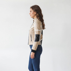 Genuine <b>Leather</b> Women's Stand Collar Motorcycle Biker <b>Jacket</b> Front Zipper <b>Long</b> Sleeve Waterproof Side Pocket Zipper <b>Jacket</b> - Product Image 4
